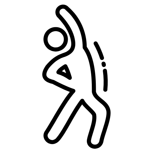 A black and white line drawing of a human figure in a dynamic pose with one arm raised, suggesting movement, stretching, or physical activity.