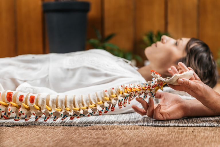 A close-up of a practitioner holding a detailed anatomical model of the human spine while a woman lies on her back, suggesting a setting related to physical therapy or chiropractic care.