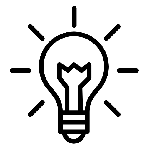 A stylized black and white lightbulb with lines radiating from it, representing a new idea or inspiration.