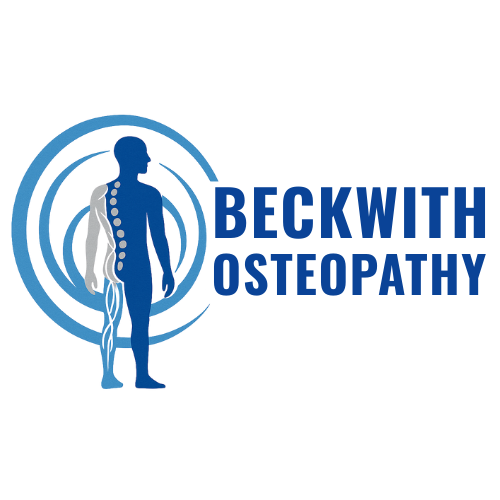Logo for Beckwith Osteopathy featuring a human silhouette with spine and nerve graphics, paired with blue concentric rings.