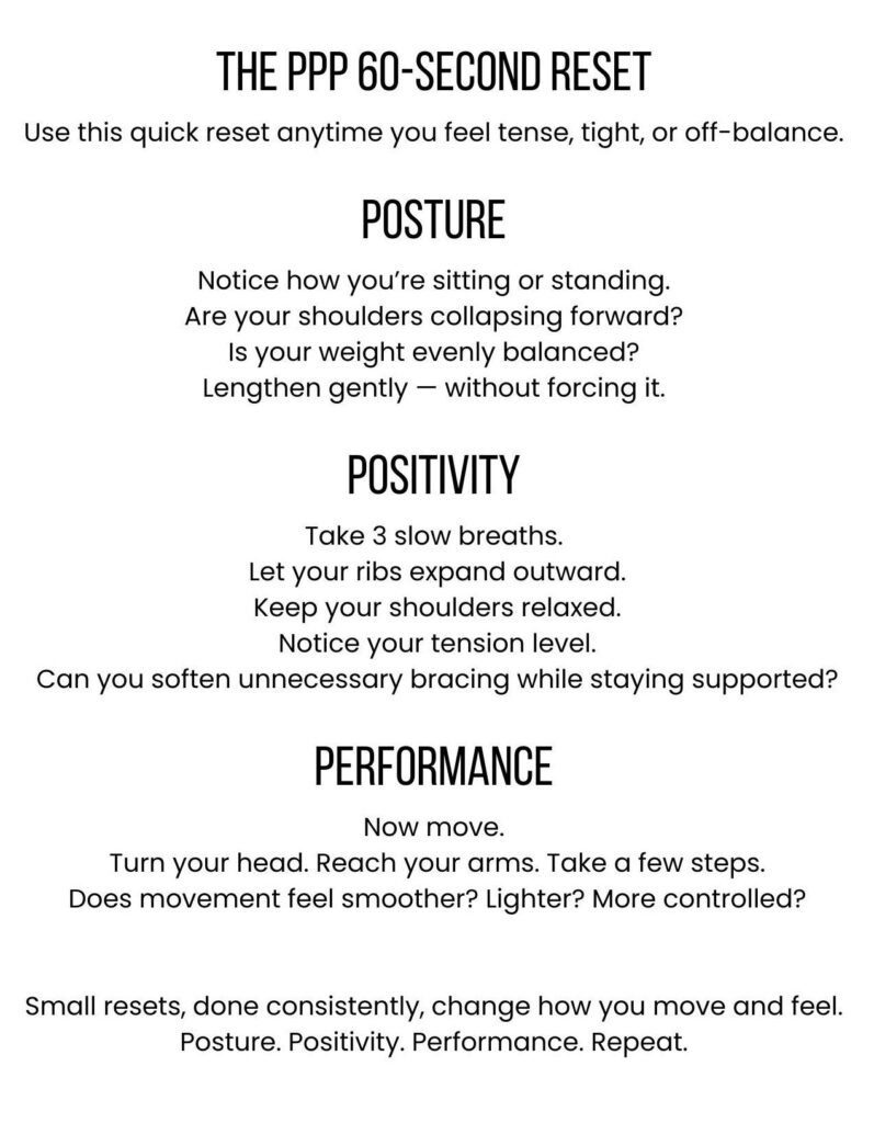Infographic titled The PPP 60 Second Reset with sections for Posture Positivity and Performance. The graphic lists prompts such as notice how you are sitting or standing take three slow breaths let your ribs expand keep your shoulders relaxed and then move by turning your head and reaching your arms to feel smoother lighter and more controlled. The layout presents step by step cues to help reset tension and improve posture and movement.