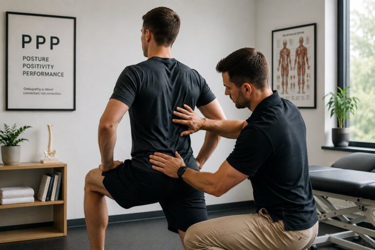 Physical therapist guiding a man through a lunge exercise while placing hands on his lower back in a modern treatment room. Framed posters on the wall read “PPP Posture Positivity Performance” and “Osteopathy is about connection, not correction."