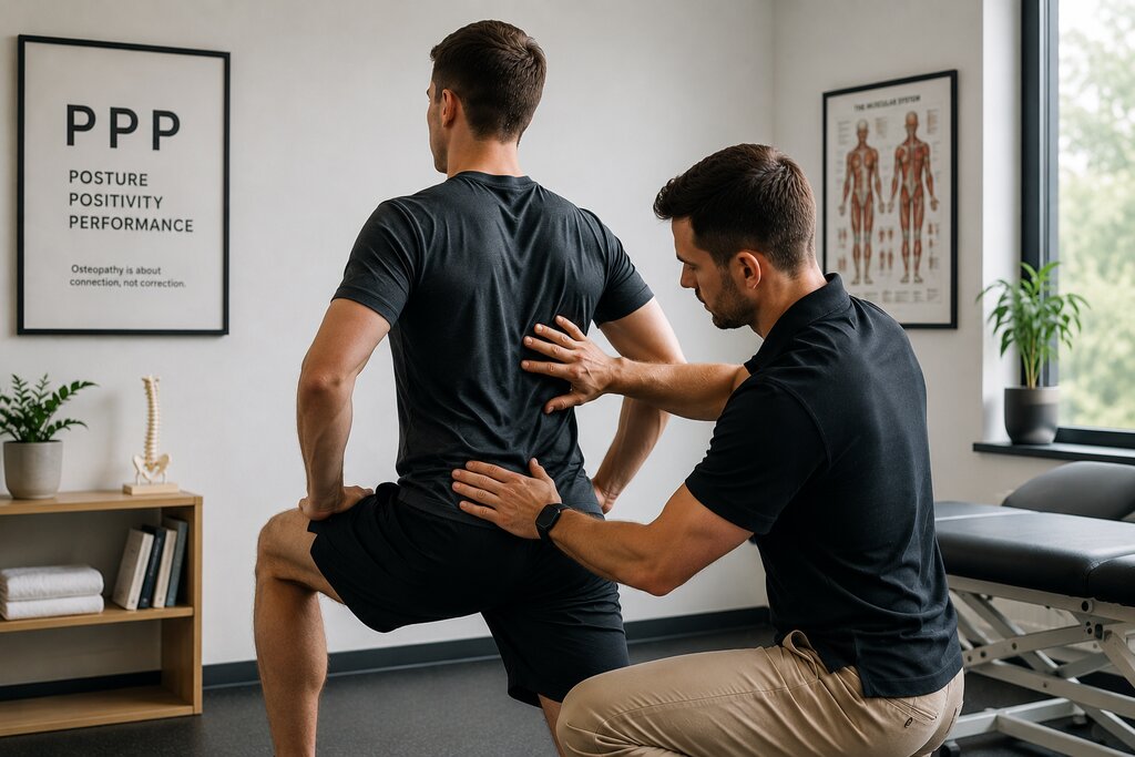 Physical therapist guiding a man through a lunge exercise while placing hands on his lower back in a modern treatment room. Framed posters on the wall read “PPP Posture Positivity Performance” and “Osteopathy is about connection, not correction."