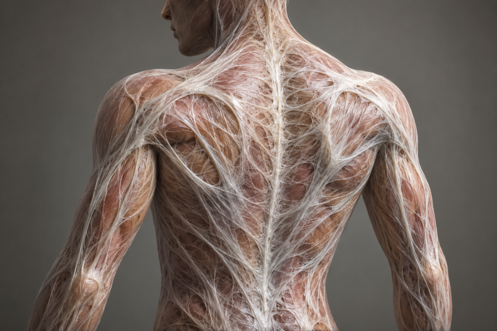 Detailed anatomical illustration of the back and shoulders showing the body’s fascial network woven across the muscles and spine. Thin white connective tissue wraps around the upper back, arms, and torso to demonstrate how fascia links different areas of the body together.